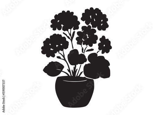 Black silhouette of potted flowering plant, isolated on white background, graphic illustration. concept of home decor, botanical art, garden, houseplant, interior design.