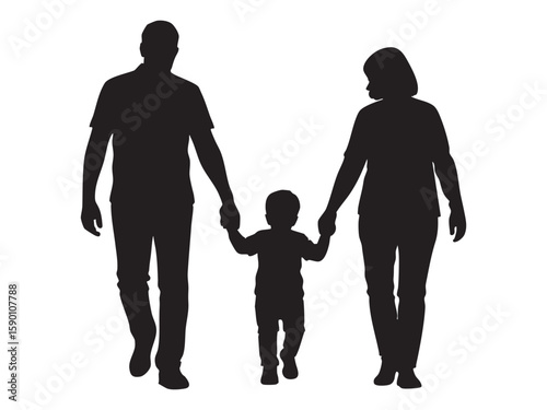 Black silhouette of family with child holding hands, isolated on white background, graphic illustration. concept of parents, family bond, love, childhood, support, unity