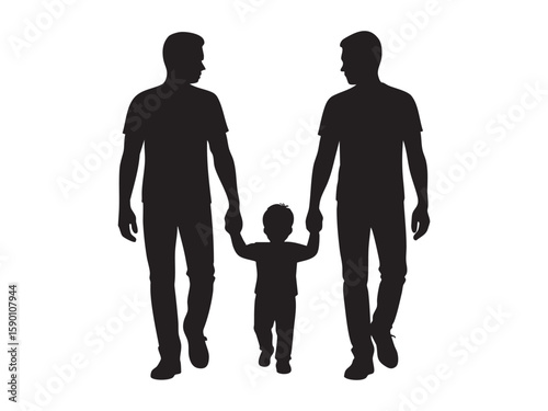 Black silhouette of two men holding hands with child, isolated on white background, graphic illustration. concept of family, parenting, love, fatherhood, unity, support