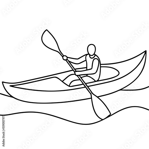 Illustration of canoe with one paddler on wavy waters. Canoe with one paddler enjoying a tranquil experience on rippling water, perfect for promoting outdoor adventures,