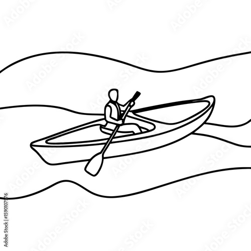Canoe with one paddler depicted as line art on white background. Paddler navigates canoe, paddling with effort, on wavy water surface, a minimalistic drawing.