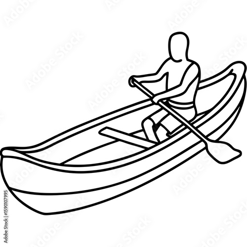 Paddler in canoe illustration shows sport, adventure, and outdoor recreation, perfect for summer vacation. Paddler in canoe drawing highlights leisure activity of rowing for one person on water.