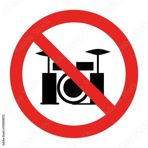 No drums allowed sign, prohibition of drum playing symbol. Prohibition of drum playing in public, a symbol of musical instrument restriction. Conceptual no drums zone, emphasizing silence and peace,