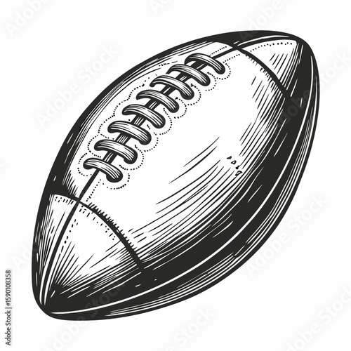Football illustration in black and white graphic style. Football graphic sketch depicts classic ball with laces, showing vintage style and traditional design.