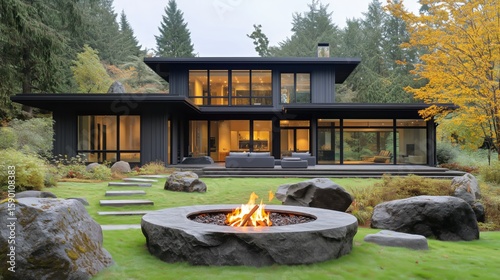 Modern House With Large Windows and a Fire Pit in a Serene Nature Setting Dur...