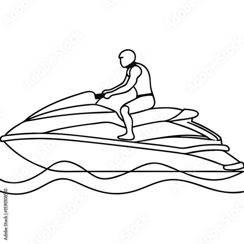 Jet ski rider speeds over water in a minimalist outline style. Jet ski rider is shown in motion, creating a sense of speed and freedom, embodying recreational water sports.