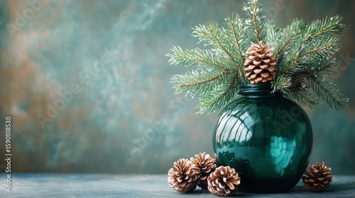 Festive Green Vase With Pine Branches and Pinecones on a Textured Surface