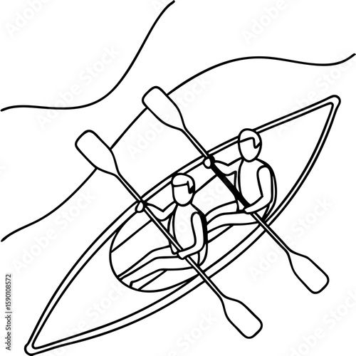 Kayak with two paddlers enjoying a water adventure on a sunny day. Two paddlers are rowing in kayak on river, practicing their stroke and synchronization, surrounded by nature.
