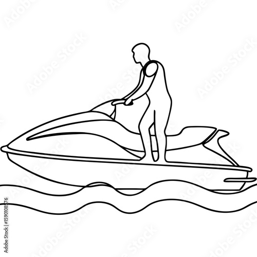 Jet ski rider cruises on water in minimalist line drawing style, showcasing dynamic pose and simplicity. Jet ski rider silhouette exudes sportiness and summertime fun, ideal for water activities.