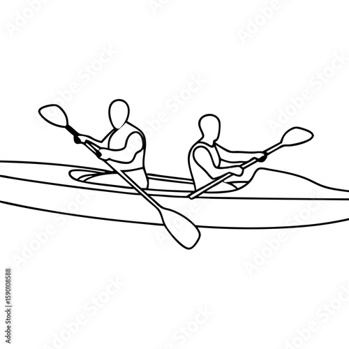 Kayak with two paddlers on water, simple outline illustration in black and white. Two paddlers enjoying leisure activity, rowing kayak, river trip with friends, team building.
