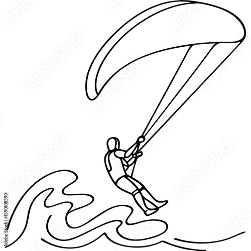Kitesurfer in action, a silhouette performing in water sport on waves. Kitesurfer in action features person skillfully maneuvering with kite on water.
