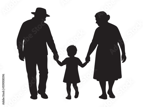 Black silhouette of elderly man and woman holding hands with child, isolated on white background, graphic illustration. concept of family, love, bonding, generational link, togetherness