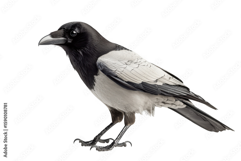 Fototapeta premium A detailed studio portrait of a hooded crow with black and grey feathers isolated on transparent background