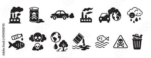 Environmental pollution icons set featuring factories, cars, and oil drums with skull symbols, graphic illustration. concept of pollution, danger, waste, eco-awareness, design element.