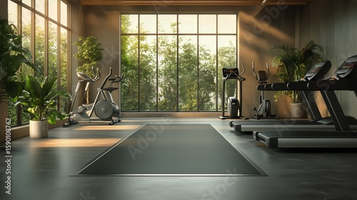 Modern Fitness Studio With a View of Nature and State-Of-The-Art Exercise Equ...