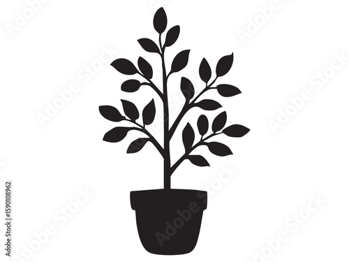 Black silhouette of potted plant with leaves isolated on white background, graphic illustration. concept of houseplant, indoor gardening, home decor, botanical art, design element