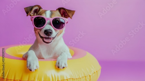 Dog Wearing Sunglasses Relaxing in a Colorful Pool Float Against a Vibrant Pi...