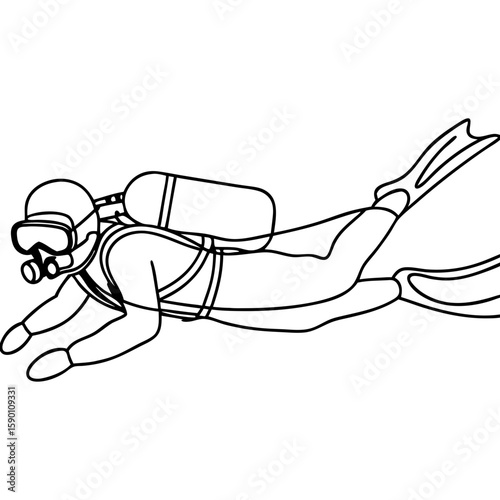 Scuba diver with tank depicted in a minimalist line drawing on white. Scuba diver with tank is suited up for underwater exploration and adventure.