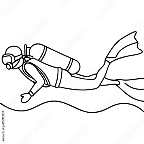 Scuba diver with tank swimming underwater, scuba diver with tank is drawn in simple line art. Scuba diver with tank floating in ocean, wearing fins, mask, and oxygen tank.