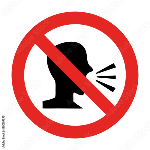 No shouting icon displayed, a prohibition for yelling or loud talking, communication forbidden. No shouting ensures quiet, respect, and calm. Concept no shouting for restricted zones.
