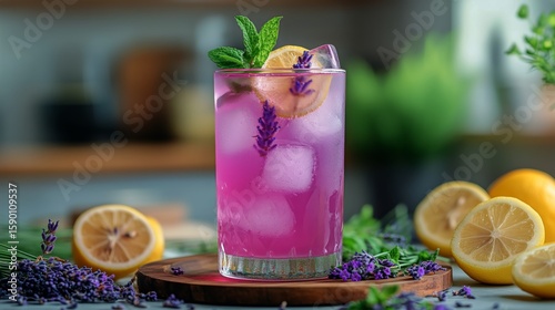Refreshing Lavender Lemonade Served With Lemon Slices and Mint Leaves in a Br...