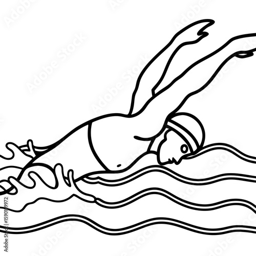Man swimming freestyle in wavy water with swim cap and goggles. This freestyle swimmer demonstrates power and grace.