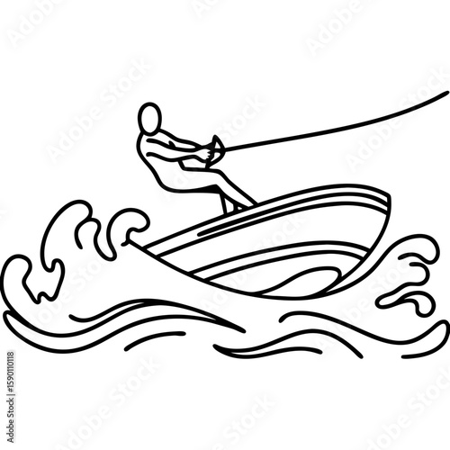 Waterskiing illustration of active person with waterskiing equipment on board in sea waters. Waterskiing action includes rider holding rope while gliding on water.
