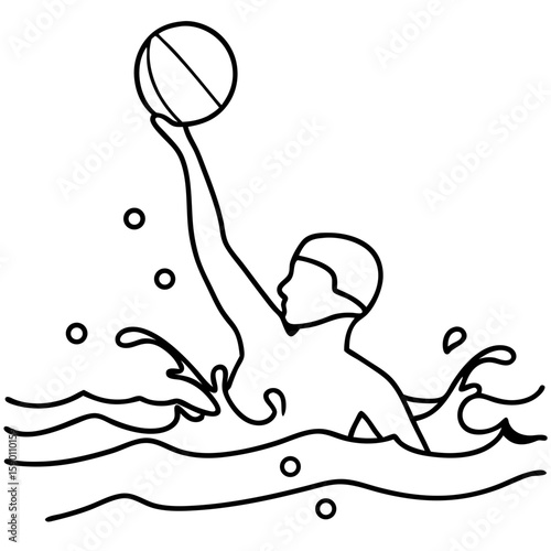 Water polo throw by athlete in water, line art style illustration. Water polo throw demands stamina, speed, and tactics, as well as a powerful throwing arm and accurate aim, captured in this vector.