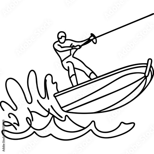 Water-skiing graphic depicts active person enjoying sport on water. Water-skiing features minimalist line art of rider pulled by rope.