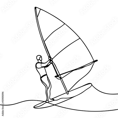 Windsurfer with sail riding ocean waves, a monochrome line drawing of person on surfboard. Windsurfer with sail shows a dynamic silhouette with simple shapes, clean lines and black ink design.
