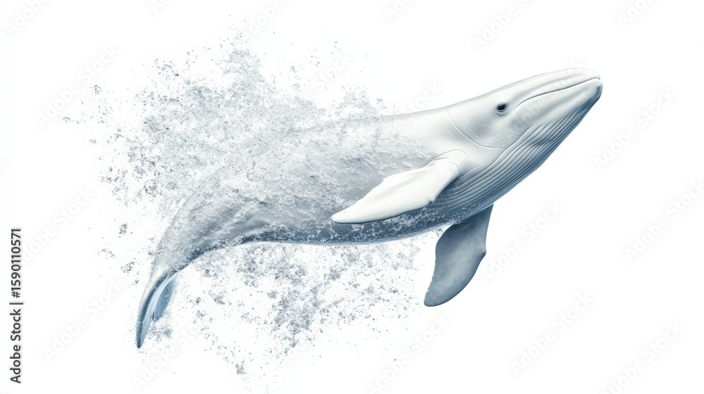 Obraz premium A stylized white whale emerges from a splash of water, blending natural and artistic elements in a dynamic, fluid motion.