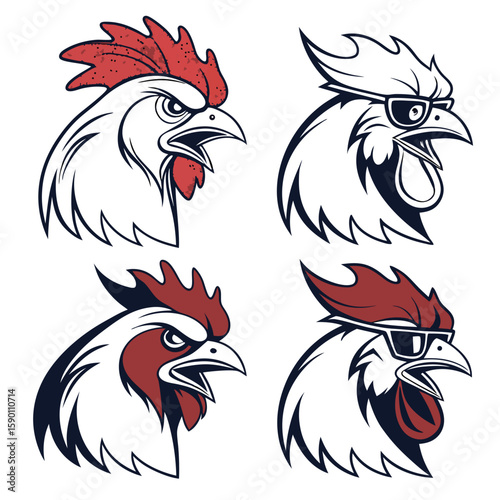 Rooster heads with red combs and sunglasses chicken