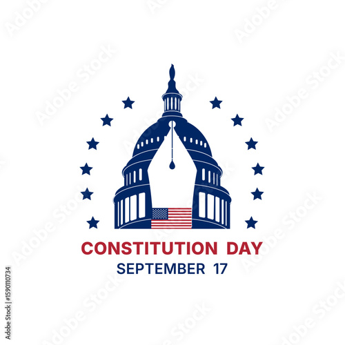 American National Citizenship, Constitution Day, 17th of September. Patriotic symbols, USA flag, Capitol building silhouette, pen, U.S. map, vector banner, poster template isolated on white background