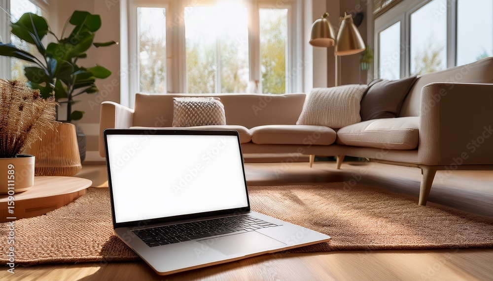 Fototapeta premium laptop mock up with blank screen placed on soft rug in cozy living room featuring wooden coffee table and natural light streaming through large windows ideal for design and presentation purposes