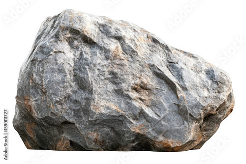 Rough gray granite boulder with textured surface and brown mineral deposits isolated on transparent background