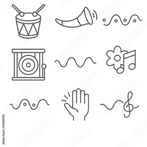 Cultural Sound Icons. Outline style icons of Cultural Sound Symbols: drumbeat icon, tribal horn, ritual chant wave, gong icon,