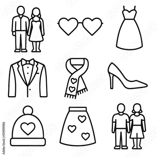 Valentine's Fashion Icons. Outline style icons of Valentine’s Day Fashion Silhouette: couple in date outfit, heart sunglasses,