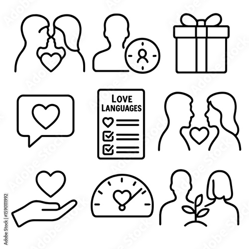 Love Languages Icons. Outline style icons of Love Languages Silhouette: physical touch icon, quality time, gift-giving, words of