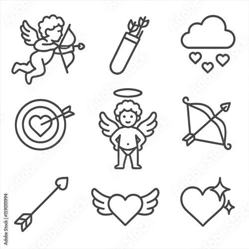 Cupid and Love Icons. Outline style icons of Cupid and Love Symbols Silhouette: flying cupid with bow, quiver of arrows, heart