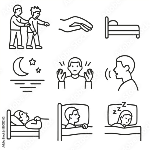 Helping Sleepwalker Gently. Outline style icons of Helping Sleepwalker Return to Bed: gently redirecting person, softly guiding