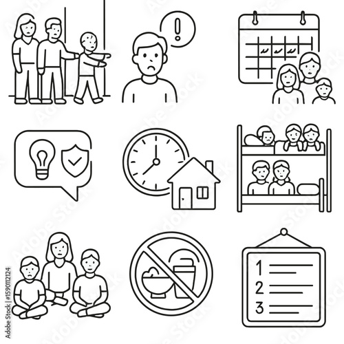 Sleepwalking Family Icons. Outline style icons of Family Sleepwalking Care: parents watching hallway, sibling alert symbol, family