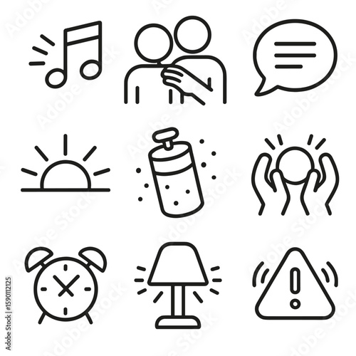 Gentle Awakening Icons. Outline style icons of Gentle Awakening Icons: soft music icon, touch on shoulder, calm voice bubble,