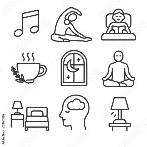 Calm Sleep Icons. Outline style icons of Calm Sleep Rituals: soft music note, yoga stretch pose, bedtime affirmations, lavender