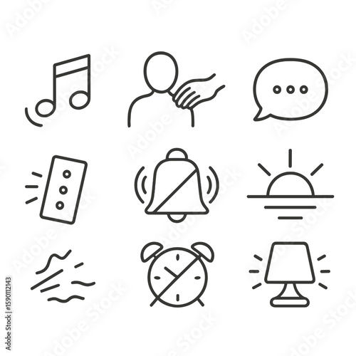 Gentle Awakening Icons. Outline style icons of Gentle Awakening Icons: soft music icon, touch on shoulder, calm voice bubble,