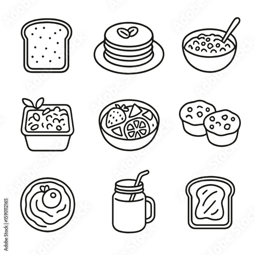 Gluten-Free Brunch Icons. Outline style icons of Gluten-Free Brunch: gluten-free toast, almond flour pancakes, chia oat bowl,