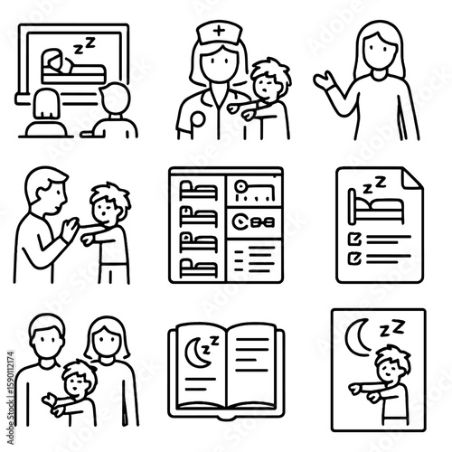 Sleep Awareness Icons. Outline style icons of Sleepwalking Awareness for Schools: classroom sleep safety guide, school nurse