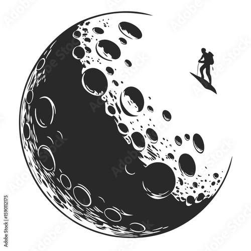 Surfer on moon surface craters astronaut