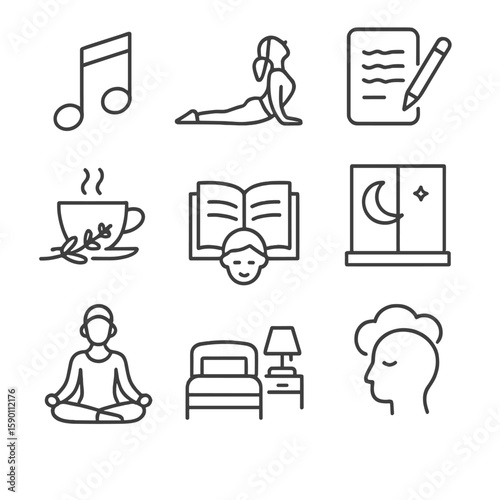 Calm Sleep Icons. Outline style icons of Calm Sleep Rituals: soft music note, yoga stretch pose, bedtime affirmations, lavender