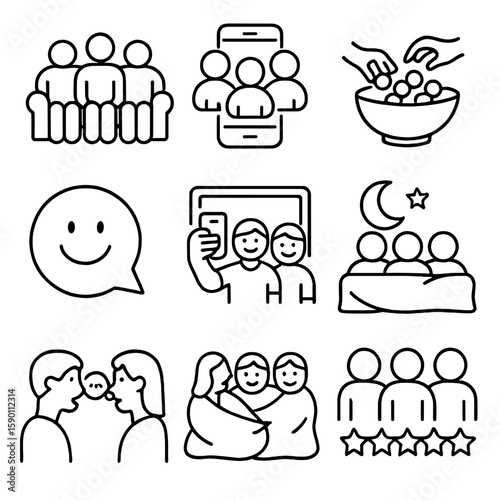 Friends Hangout Icons. Outline style icons of Friends Movie Hangout: group on couch, group text invite, shared snack bowl, laugh
