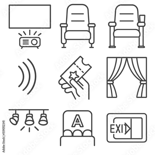Cinema Icons Outline. Outline style icons of Cinema Experience: big screen projector, aisle seat, armrest cup holder, Dolby sound